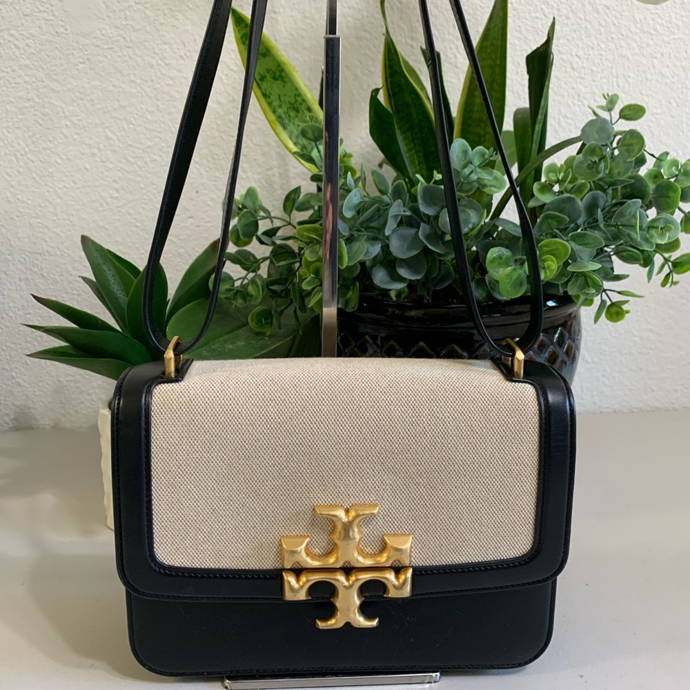 👜💕 Tory Burch Black and Cream Shoulder Bag with Gold Logo